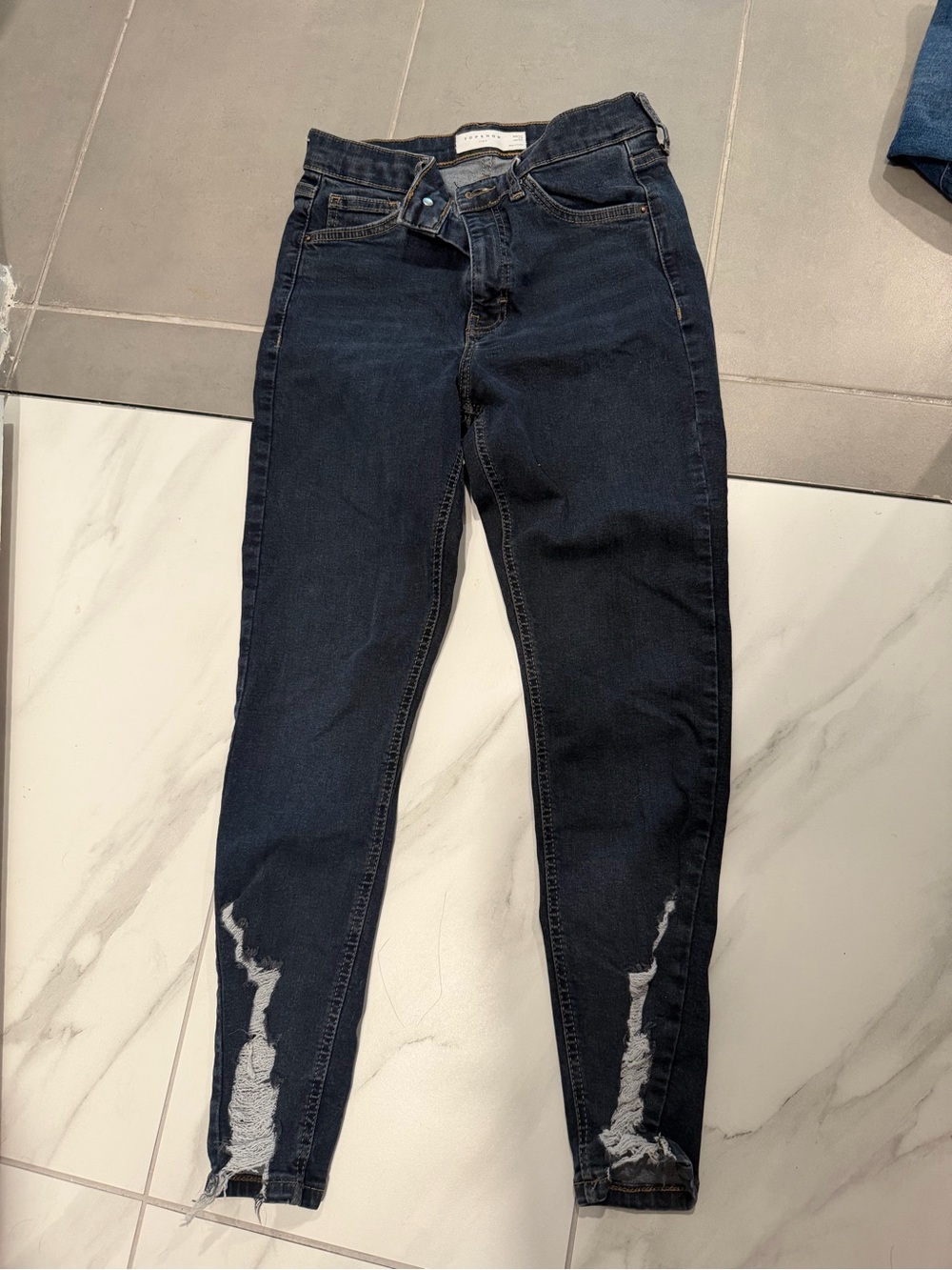 Topshop Dark Blue Skinny Jeans with Distressed Hem